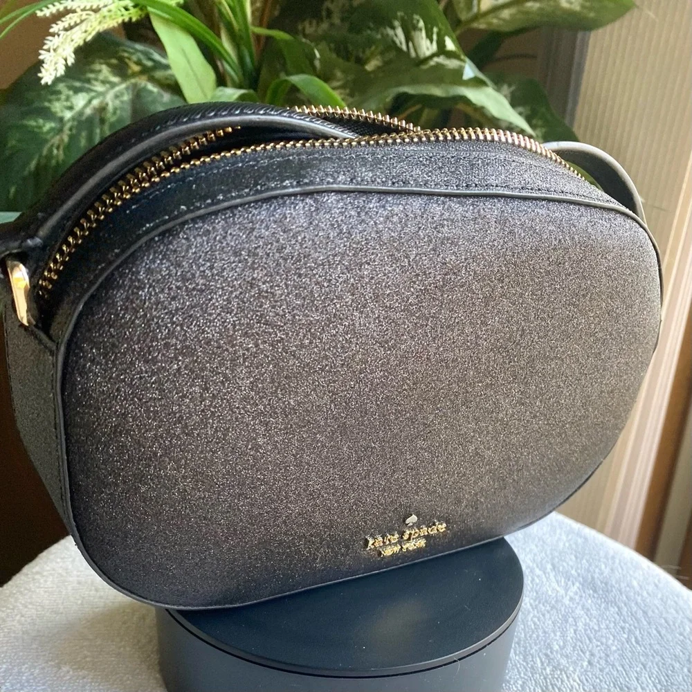 Kate Spade Black Glimmer Glitter Oval Camera Crossbody Bag In Black MSRP…$299